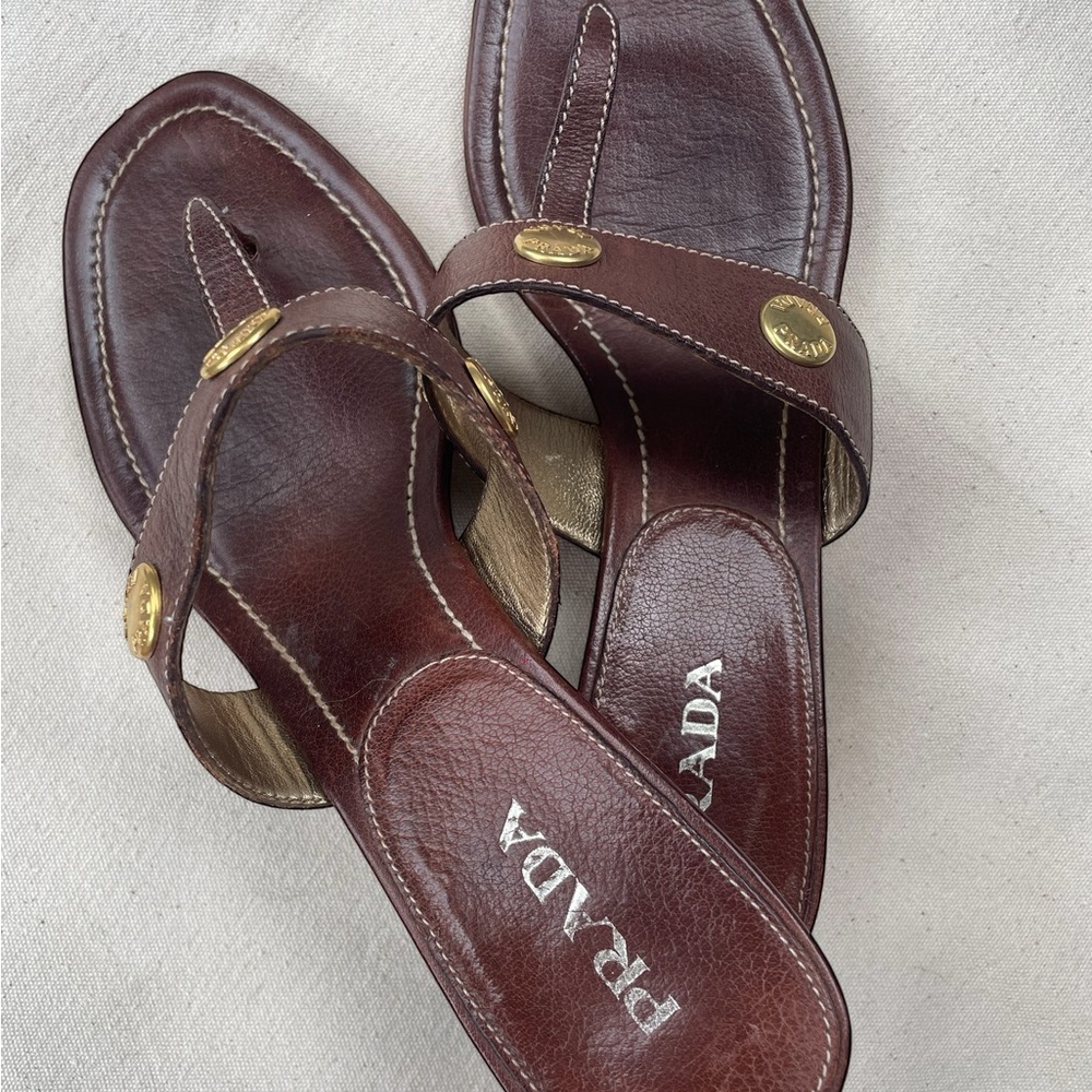 Prada Dark Brown Leather Mule Sandals with Gold Details - Picture 2 of 6